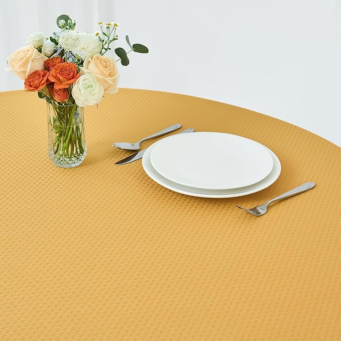 maxmill Round Weaved Texture Design Tablecloth Spill-Proof Wrinkle Free Soft Washable Table Cloth for Circular Table Cover, for Dining Room Banquet Parties Holiday Dinner, 90 Inch Ochre Yellow