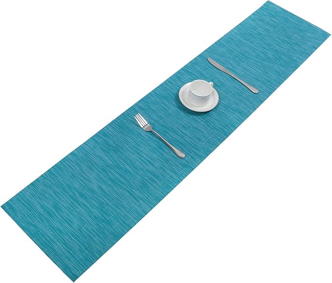 SHACOS Woven Vinyl Table Runner Indoor Outdoor 12x71 inch Kitchen Dining Table Runners Wipe Clean Washable PVC Table Runner, Teal Blue