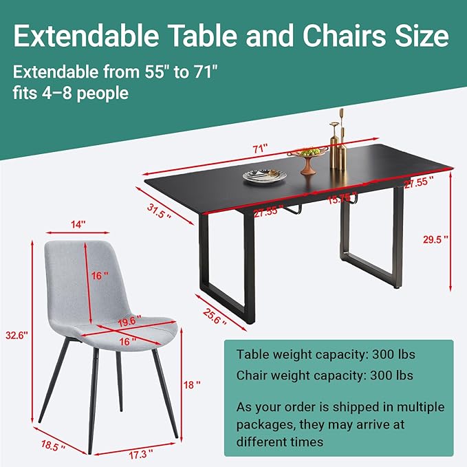 Extendable Dining Table Set for 8, 55"–71" Modern Black Kitchen Table with 8 Upholstered Chairs, Space-Saving for Living Room Apartment, Sturdy & Comfortable, Easy Assembly
