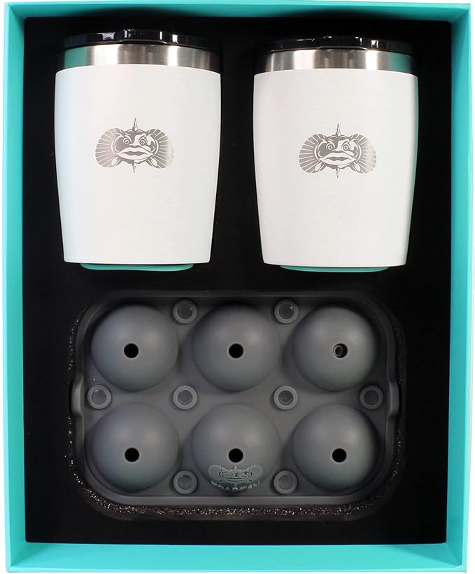 Toadfish Non-tipping 10oz Double Wall Insulated Stainless Steel Rocks Tumbler 2-Pack Gift Set w/Ice Ball Tray & Easy Slide Lid - White