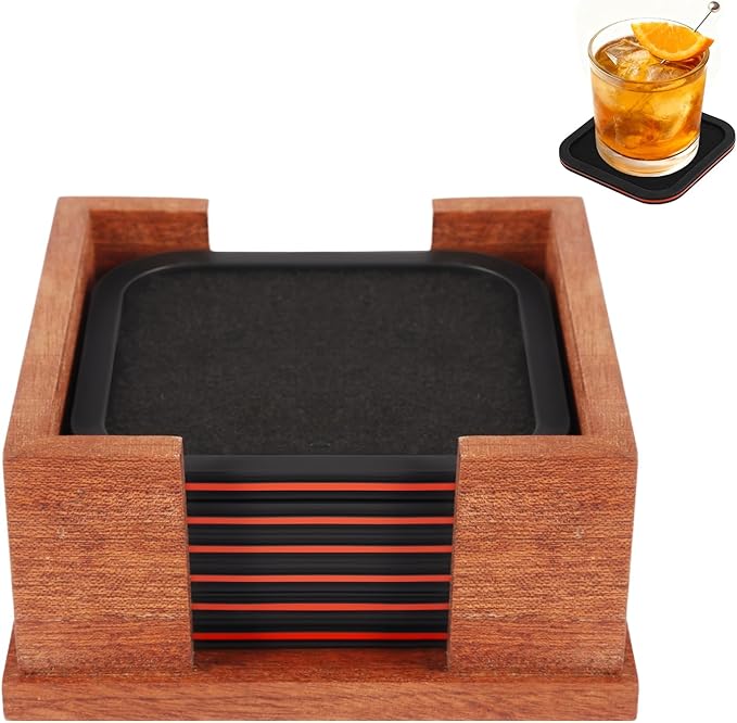 Lexenic Sleek Absorbent Coasters for Drinks with Solid Acacia Wood Holder, Silicone Cup Mat with Removable Felt Insert, Non-Slip, Non-Stick, Gift for Coffee Table Kitchen Decor, 6PCS (Black Red)