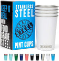 Real Deal Steel Stainless Steel 16 oz Pint Cups Stackable Single Wall Tumblers, Eco Friendly Premium Metal Drinking Glasses (White)
