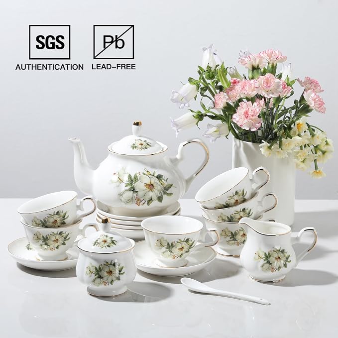 Sweejar Porcelain Tea Set Vintage Floral, British Relief Gold Rim Teapot Cup - Image 3
