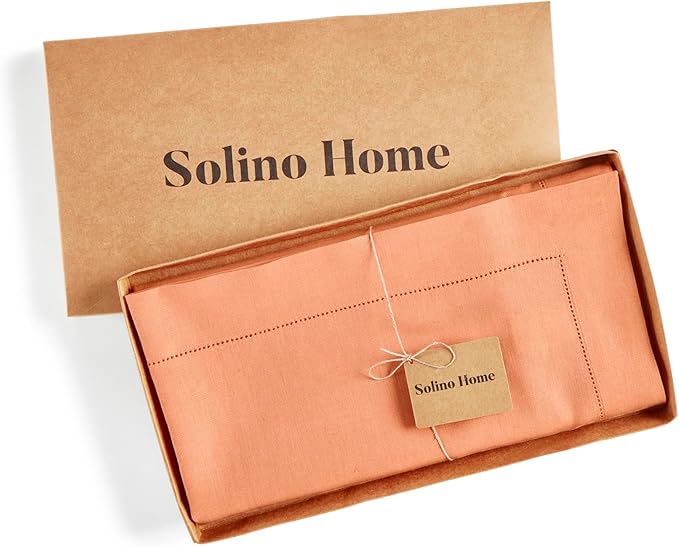 Solino Home Coral Linen Tablecloth 52 x 52 Inch - 100% Pure Linen Square Table Throw - Classic Hemstitch, Machine Washable Table Cloth for Valentines, Spring, Easter