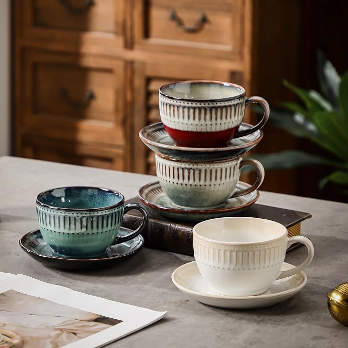 10Oz ceramic coffee cup and saucer sets, elegant striped pattern, unique kiln - Image 7