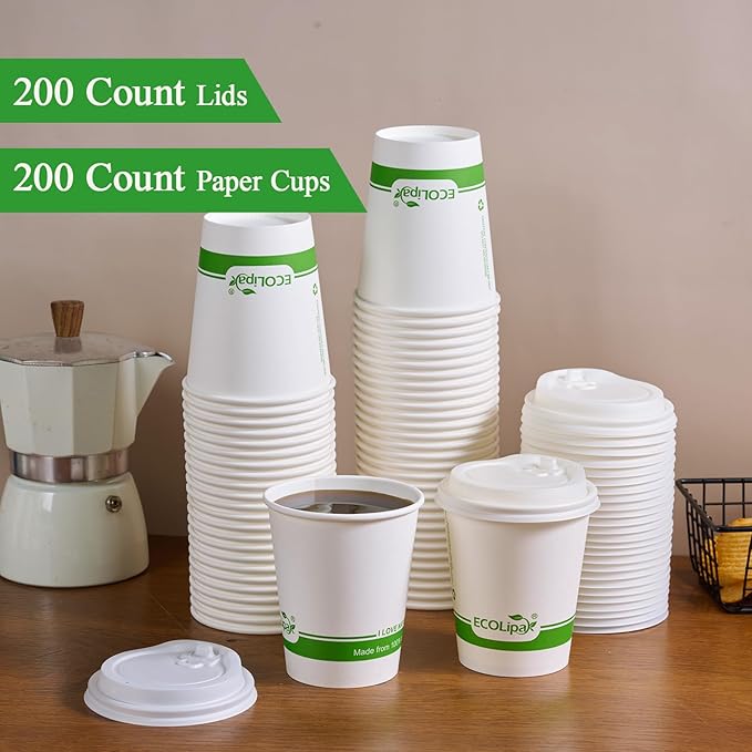 ECOLipak 200 Count 8 oz Compostable Paper Coffee Cups, Biodegradable Disposable Coffee Cups with CPLA Lid, Eco-friendly Hot Drinking Cups for Parties, Picnics, Travels,and Events