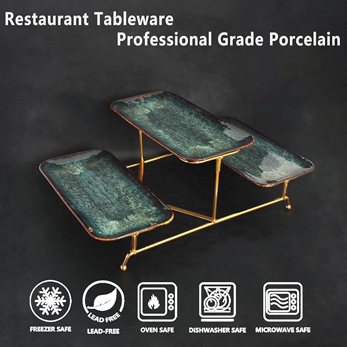 3 Tier Serving Trays for Party, 14.4 Inch Porcelain Serving Platters and Tiered Trays, Foldable Sturdy Gold Stand, for Food Display, Fruit, Cake Dessert, Decoration Entertaining, Black