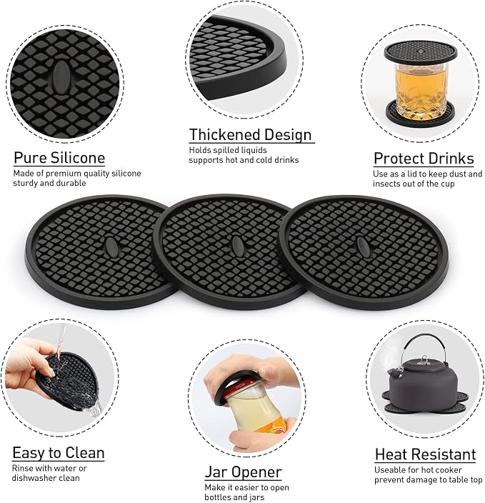 3 Pack Silicone Coasters for Drinks, Thickened Black Coaster - Image 5