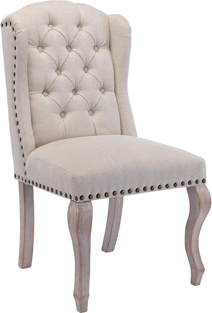 Dining Chairs Set of 4 Farmhouse Linen Fabric Upholstered Accent Chairs Tufted Wingback Host Side Chair for Kitchen/Dining Room/Living Room/Bedroom, Cream