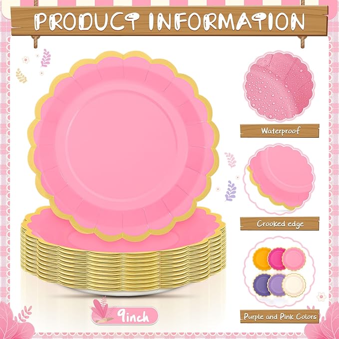 48 Pcs Purple Sun Paper Plates 9 Inch Gradient Scalloped Paper Plates Disposable Dinner Dessert for Birthday Wedding Bridal Party Supplies, 6 Colors