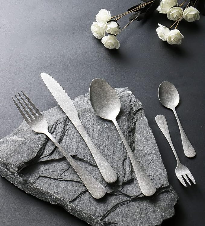 Matte Silverware Set for 16 Stainless Steel Flatware Set Vintage Style Delicate Cutlery Utensils 80 Piece Include Knives Forks and Spoons Tableware Set for Home Kitchen Wedding Restaurant