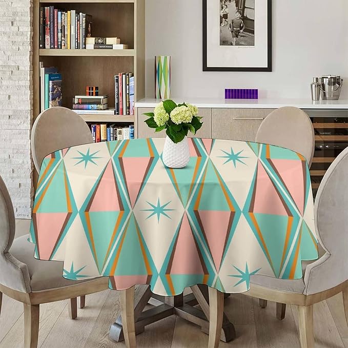 Mid Century Round Tablecloth, Vintage Bohemian Modern Mid-Century 50s 60s Print Tablecloth for Home Party Dining Room Kitchen Decor 60Inch(152cm)