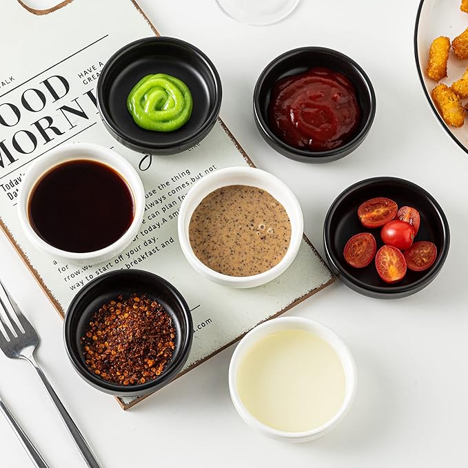 Dipping Bowls Set, Ceramic Sauce Dishes, 2 oz Soy Sauce Dish, Side Bowls, Small Bowls for BBQ, Condiments, Appetizer, Dessert, Sushi, Set of 6 (White)