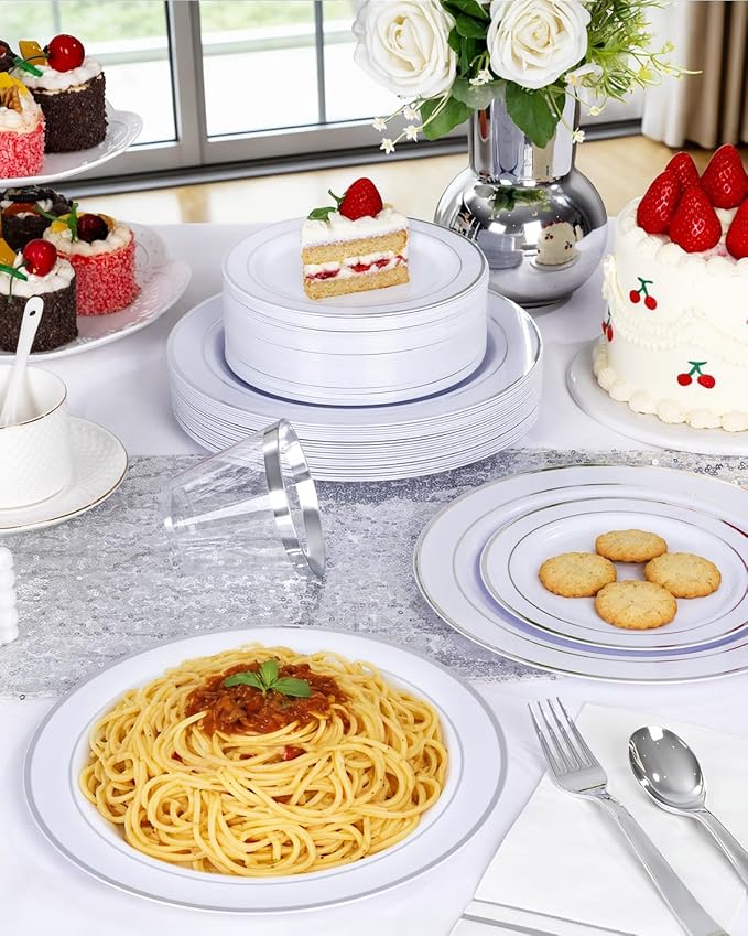 GATHER 700PCS Silver Plastic Plates - Silver Disposable Dinnerware Sets 100 Guest Include 200 Plates, 300 Silverware, 100 Napkins, 100 Cups For Wedding & Party