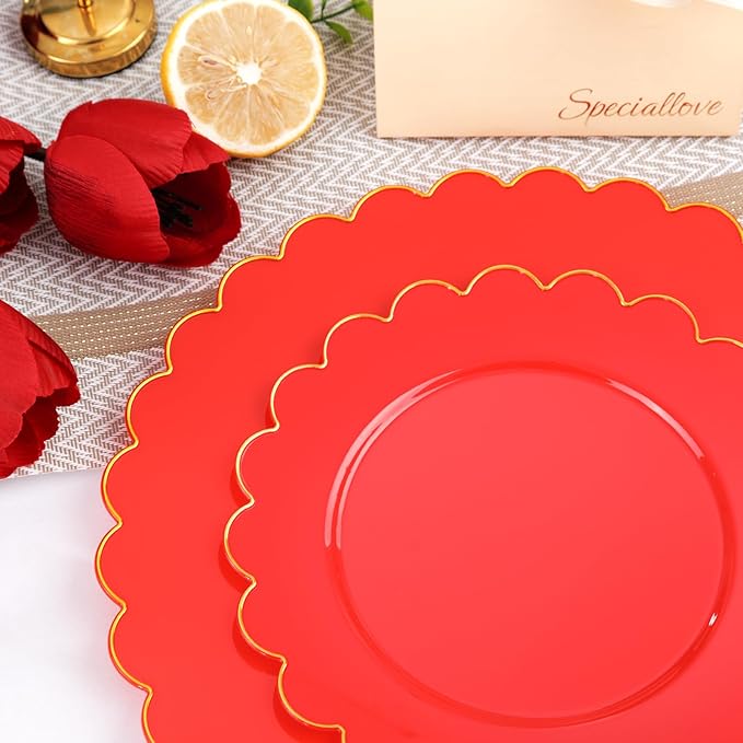 LIYH 210 Pcs Red Plastic Plates - Red Disposable Plates and Napkins Set, Gold Scalloped Plastic Plate Include Dinner & Dessert Plate, Silverware, Cups for Valentine's Day 30 Guests