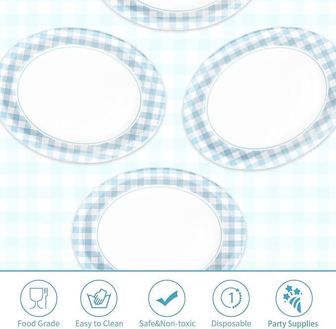 50PCS Light Blue Gingham Paper Oval Plates 10" X 12" Disposable Light Blue and White Gingham Party Plates Disposable Heavy Duty Checkered Plaid Dinnerware for BBQ Gathering Picnic Baby Shower Birthday
