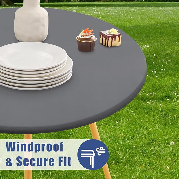 Round Spandex Tablecloth 2 Pack, Elastic Fitted Waterproof Tablecloths for 31"-35" Tables, Stretch Washable Picnic Table Cover for Camping, Dining, Indoor and Outdoor, Grey