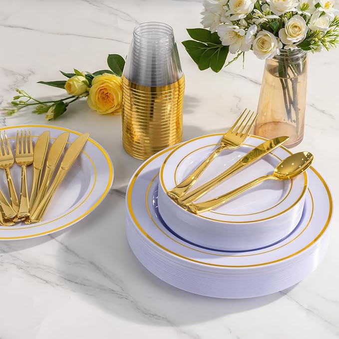 WELLIFE 600 PCS Gold & White Disposable Dinnerware Set for 100 Guests — White Plastic Plates with Gold Rim, Dinner & Salad Plates, Cups, Forks, Knives & Spoons for Weddings & Elegant Events