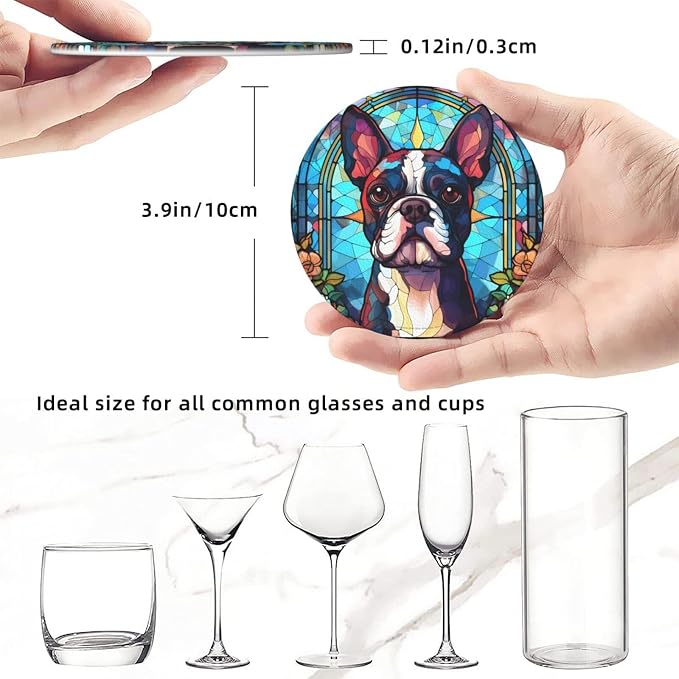 Boston Terrier Stained Dog Breed Glass Art Leather Drinks Coasters - Image 3