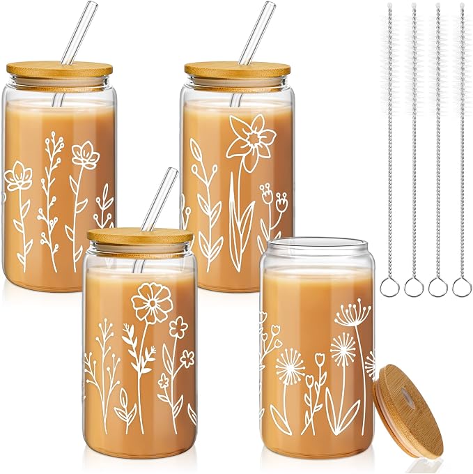 Mumufy 4 Pack Glass Cups Gift Aesthetic Cute Glass Cup Tumbler Flower Iced by Mumufy