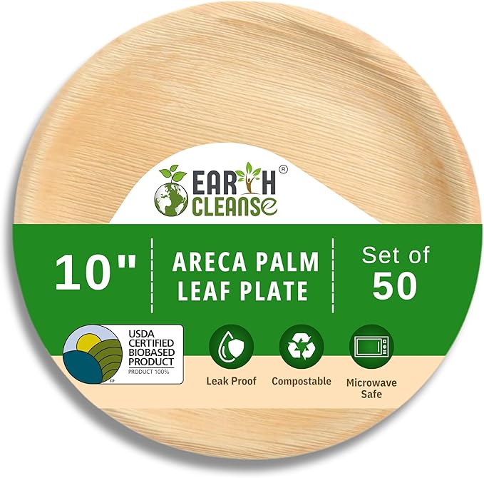 Compostable Palm Leaf Plates 10 Inch Round (50 Pack) | Disposable Biodegradable Plates Like Bamboo & Wooden | Microwave & Oven Safe | Eco-Friendly Dinnerware for Parties & Events