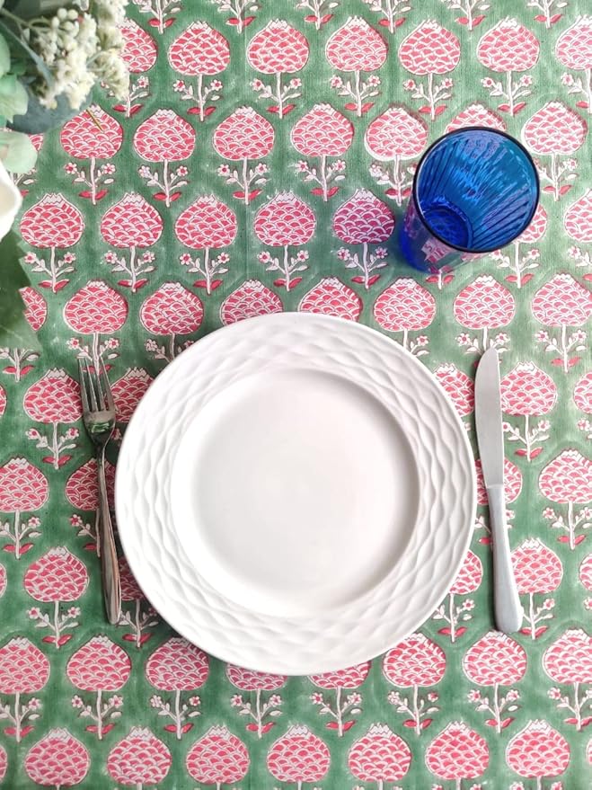 ATOSII Roma Green 100% Cotton Square Summer Tablecloth, Block Print Floral Table Cloth for Dining, Parties Wedding Outdoors I Grand Millenial Decor 60 X 60 Inches I 4 Seater I