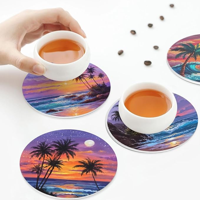 Sunset Beach Coasters for Drinks with Holder Round Leather Coasters Set of 6 Cups Mugs Mat Pad for Home Kitchen Bar