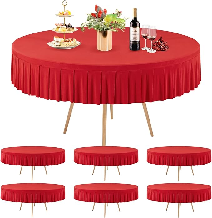 6 Pack Red Spandex Round Tablecloths for 60 Inch Tables, Stretchy Fitted 5FT Cloths, Wrinkle-Free Cover With Skirt for Wedding Party Dining Banquet