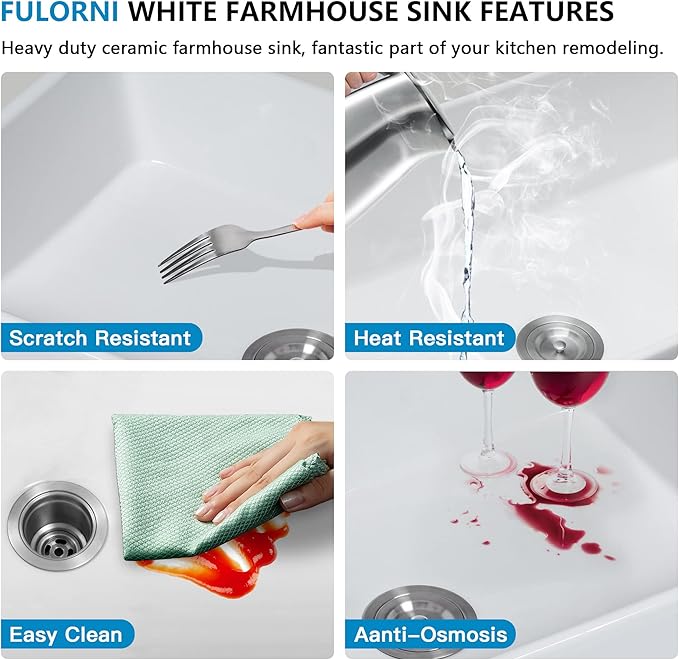 33 White Farm Sink Workstation - Fulorni 33 Inch Farmhouse Kitchen Sink with Slide Ledge Flat Apron Front White Ceramic Porcelain Fireclay Single Bowl Farmer Style Basin