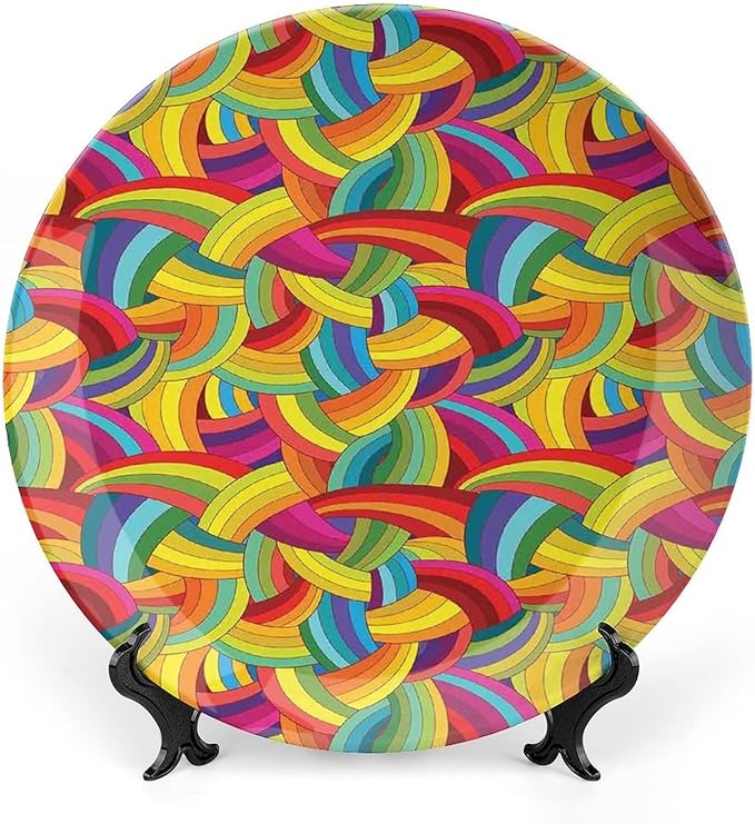 Ceramic Plates, Abstract Decor Decorative Ceramic Plates, Colorful Rainbows Wheels Spiral Wavy Fashionable, 8 Inch, for Dining, Parties, Wedding, Multy