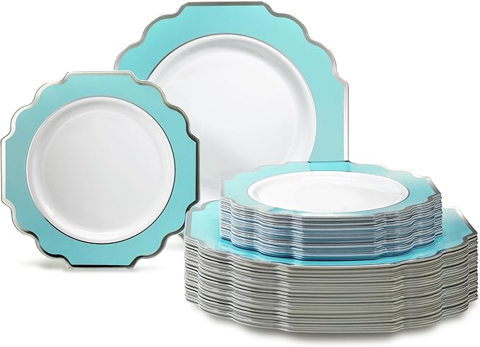 " OCCASIONS " 120 Plates Pack,(60 Guests) Heavyweight Premium Wedding Party Disposable Plastic Plates -60 x10.5'' Dinner + 60 x 8'' Salad/Dessert (Imperial Aqua & Silver)