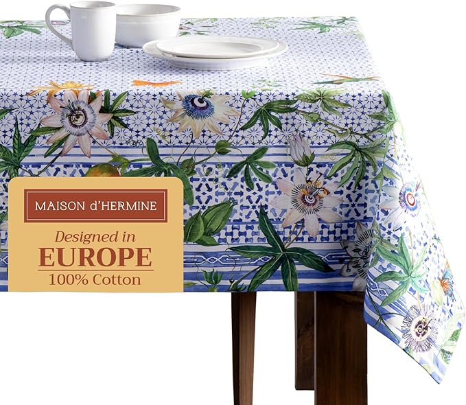 Maison d' Hermine Table Cloth Rectangle Table 100% Cotton 54 x 72 Inches Tablecloth Reusable Decorative for Dining Room Farmhouse Home Valentines Day Decorations Spring Summer - Passiflora