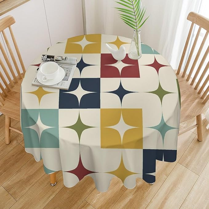 Middle Century Modern Round Tablecloth, Retro Mid Century Geometry Abstract Bohemia Tablecloth for Home Party Dining Room Kitchen Decor 60Inch(152cm)
