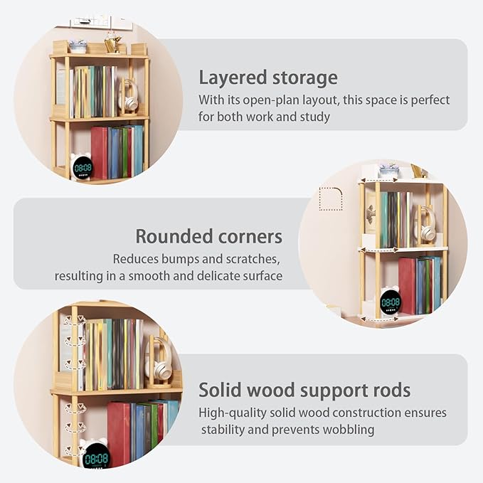Desktop Organizer Shelf, Multi Tier Wood Tabletop Bookshelf, Space Saving Countertop Storage Rack for Office, Bedroom, Living Room(Warm White,11.8 * 7.8 * 26.7in)