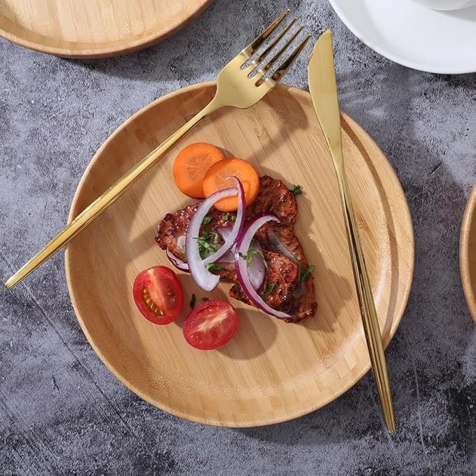Bamboo Plates 7.5Inch Round Bamboo Plates Reusable Dinner Plates Tableware Set of 6 Wooden Plate Lightweight Dishes Snack, Dessert, Unbreakable Classic Plate
