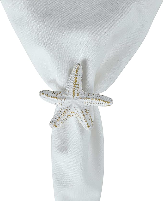 Split P Starfish Metal Napkin Ring Set of 4 | Rustic Whitewashed Aluminum Napkin Holders with Textured Starfish Design | Coastal, Beach & Nautical Table Décor | 2.75" x 3"