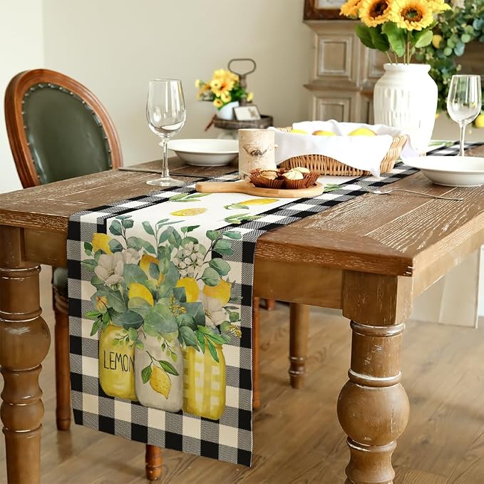 Black Buffalo Check Summer Table Runner 13 x 60 Inch, Lemon Vase Spring - Image 3