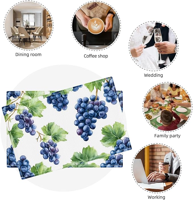 Grape Placemats Set of 6, Blue Grapes Place Mats, Fruit Waterproof Washable Table Mats for Home Party Indoor Kitchen Dining Table Decoration 12x18 Inch