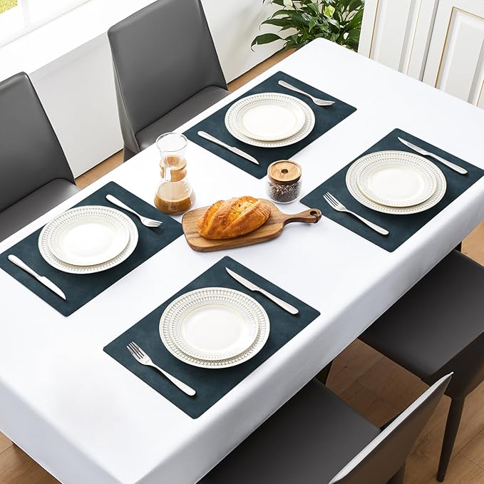MOSAYT Vinyl Placemats Set of 12-12 X 17 Inch - Faux Leather 100% Waterproof Oil-Proof Wipeable PU Place Mats, Heat Resistant Reversible Table Mats for Kitchen, Dining, Outdoor (Navy Blue)