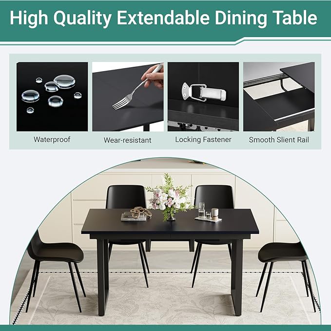 Modern Dining Table Set for 6, 55"-71" Extendable Dining Room Table Set for 6, Black Kitchen Table with 6 Upholstered Chairs, Space-Saving for Dining Room Apartment, Easy Assembly
