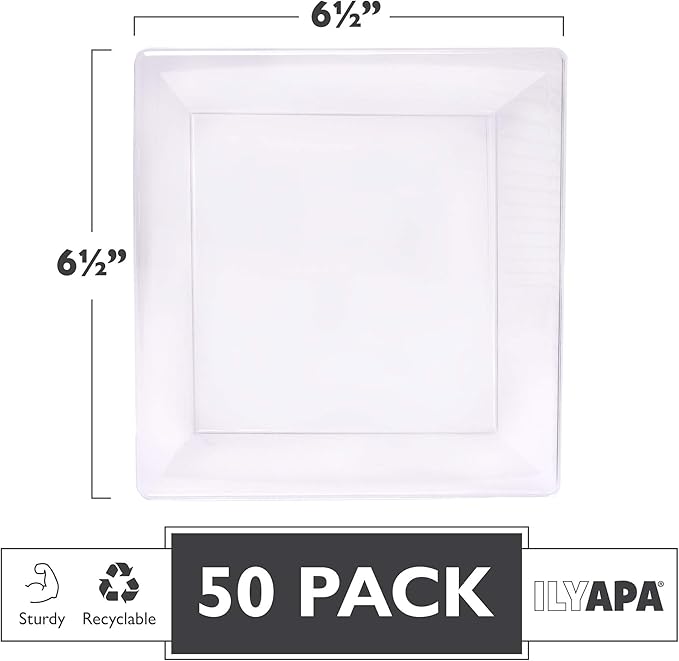 Ilyapa 50 Pack 6 Inch Disposable Dessert Plates, Plastic Party Sets for 50 Guests, Clear Appetizer and Cake Plates 6", Party & Dinner Accessories, Square