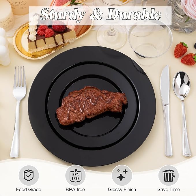 BESTSTAR 100PCS Black Plastic Plates Set | 50 10.25 inch Dinner Plates and 50 - Image 4