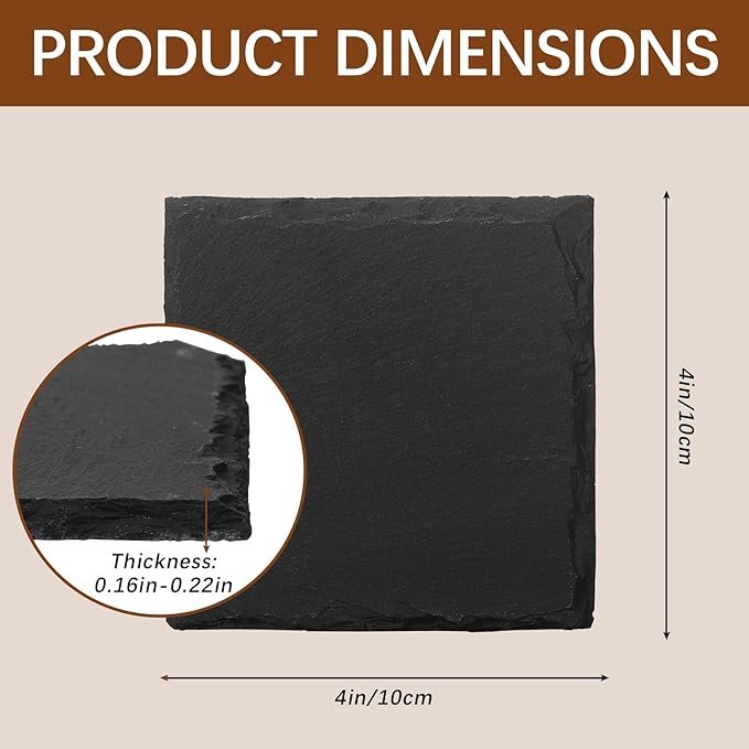 12 PCS Slate Coasters Black Square 4 Inch Bulk Rock, Blank Laser Engraving, Scratch Resistant Bottom, Home Office Kitchen Gift Wedding Bar Party Square Coasters