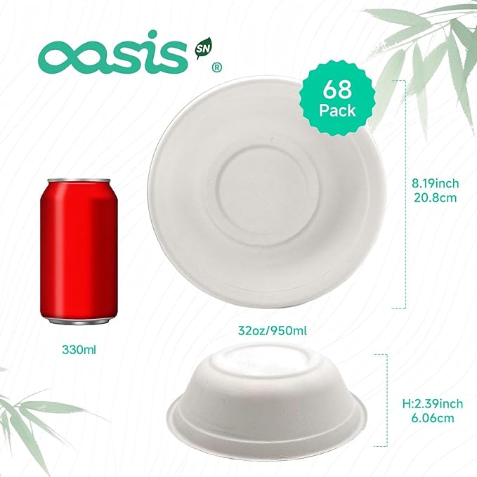 𝟯𝟮 𝗼𝘇, 𝟲𝟴-𝗣𝗮𝗰𝗸 Compostable Paper Bowls, Heavy-Duty Biodegradable Disposable Bowls Made from Bagasse, Eco-Friendly, Microwave & Freezer Safe (White)
