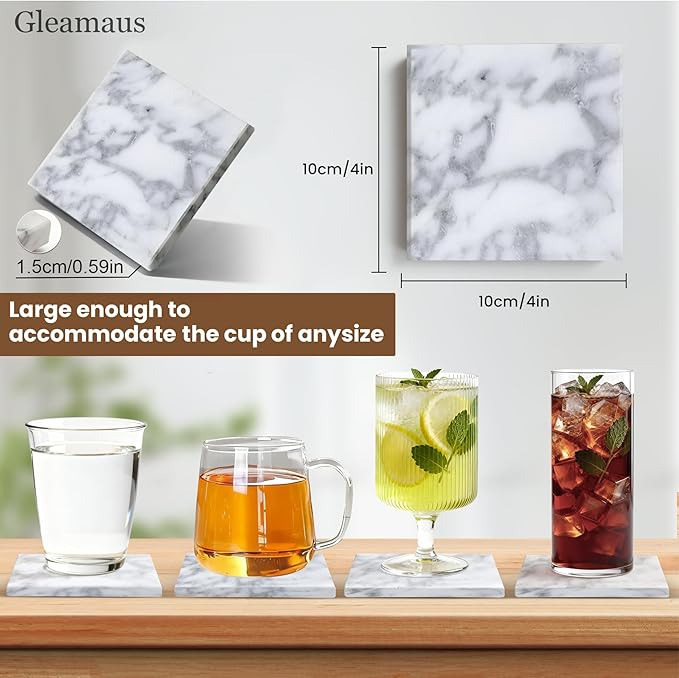 Natural Marble Coasters, Square Costers, Luxury Aesthetic Modern Decor for Coffee Table Bar Kitchen Home, White Marble, Real Natural Semi Absorbent Stone Coasters