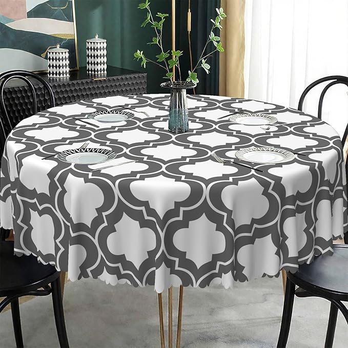 Laeacco 48 Inch Morocco Round Tablecloth Grey White Geometric Lattice Modern Abstract Art Print Table Cloth Washable Waterproof Wrinkle Free Table Cover for Kitchen Dining Picnic Party Decoration