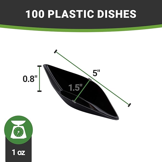 Restaurantware 1 Ounce Dipping Sauce Bowls 100 Disposable Dipping Sauce Dishes - Canoe Shaped Unique Design Black Plastic Small Dishes For Dips Appetizers Desserts Or Samples