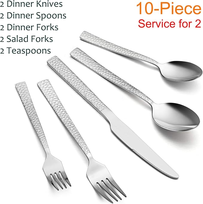 E-far 10-Piece Hammered Silverware Set, Stainless Steel Square Flatware Set - Image 2