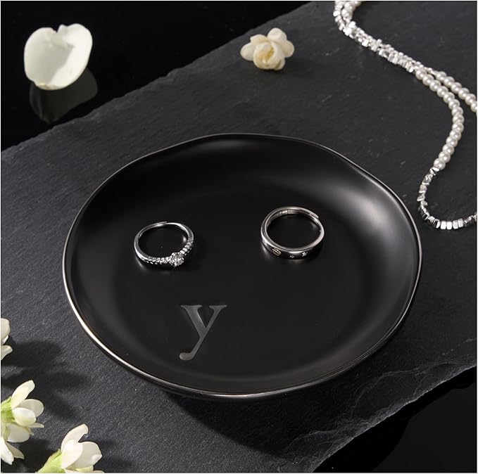 Lolalet Handmade Ceramic Ring Dish Jewelry Tray Plate with Initial, Small Monogram Gift for Her Women Girls Mother, Hostess, Engagement, Bridal Shower, Maid of Honor, Bridesmaid, Birthday, Christmas