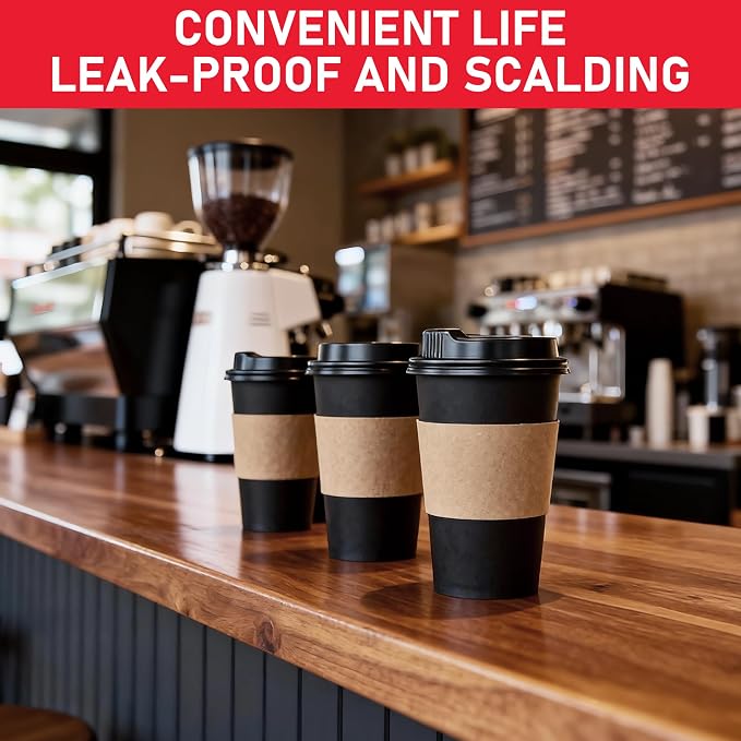 Coffee Cups with Lids 16 oz 100 Pack, Sleeves and Stirring Sticks, To Go Cups - Image 5